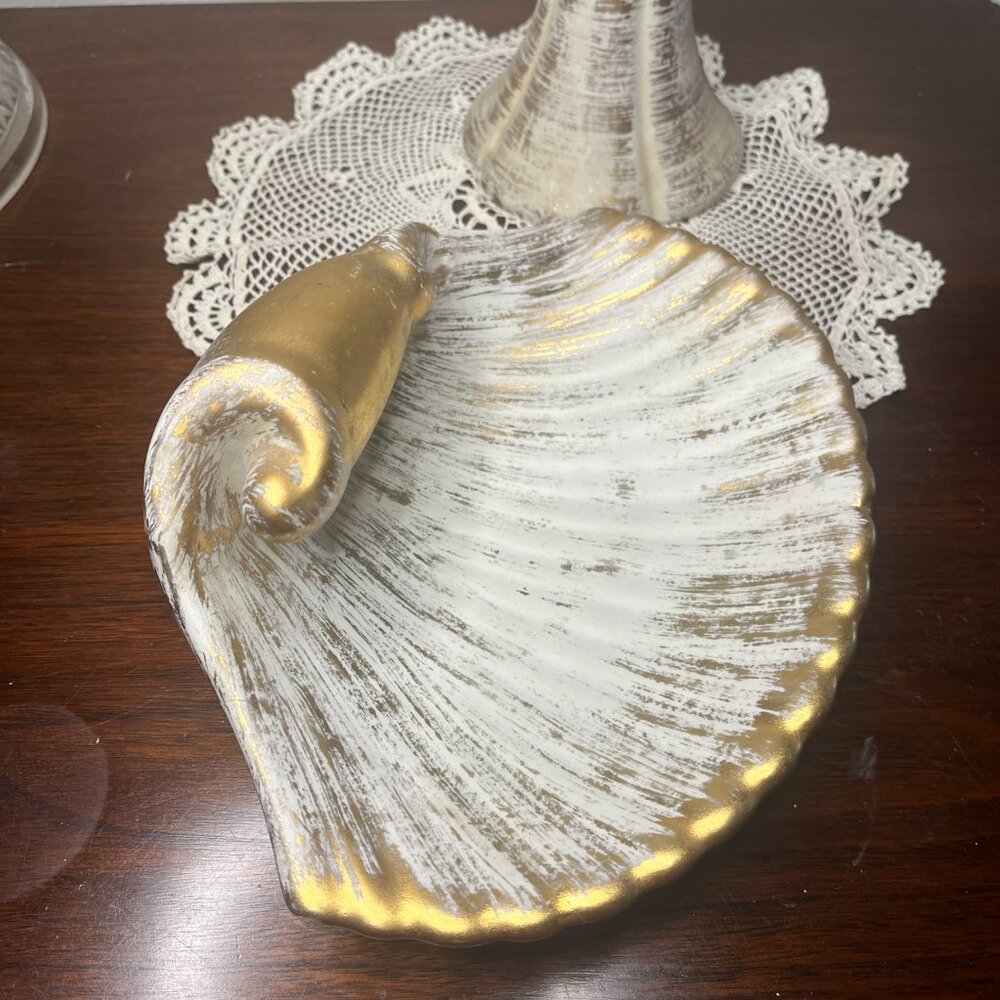 Vintage MCM Two Piece Royal Haeger 22K Gold Tweed Candle Holder and Shell Dish - Picture 9 of 11